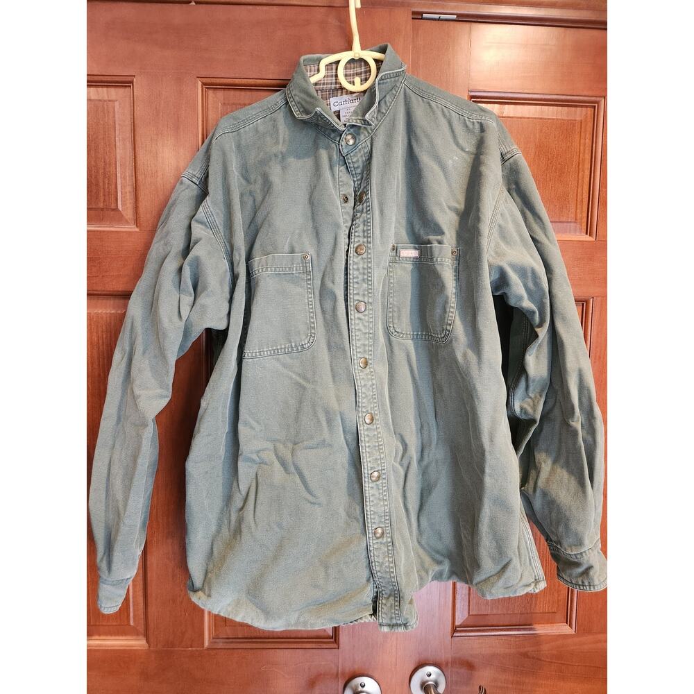 Carhartt Jacket S96 MOS Mens Size X-Large Tall Green Canvas Snap Shirt Lined.